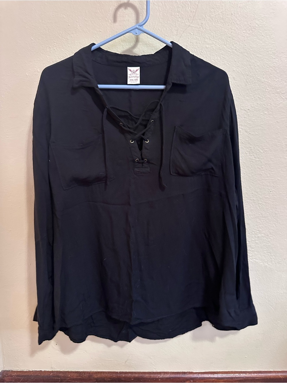 Women's Black Lace-Up Pocket Blouse